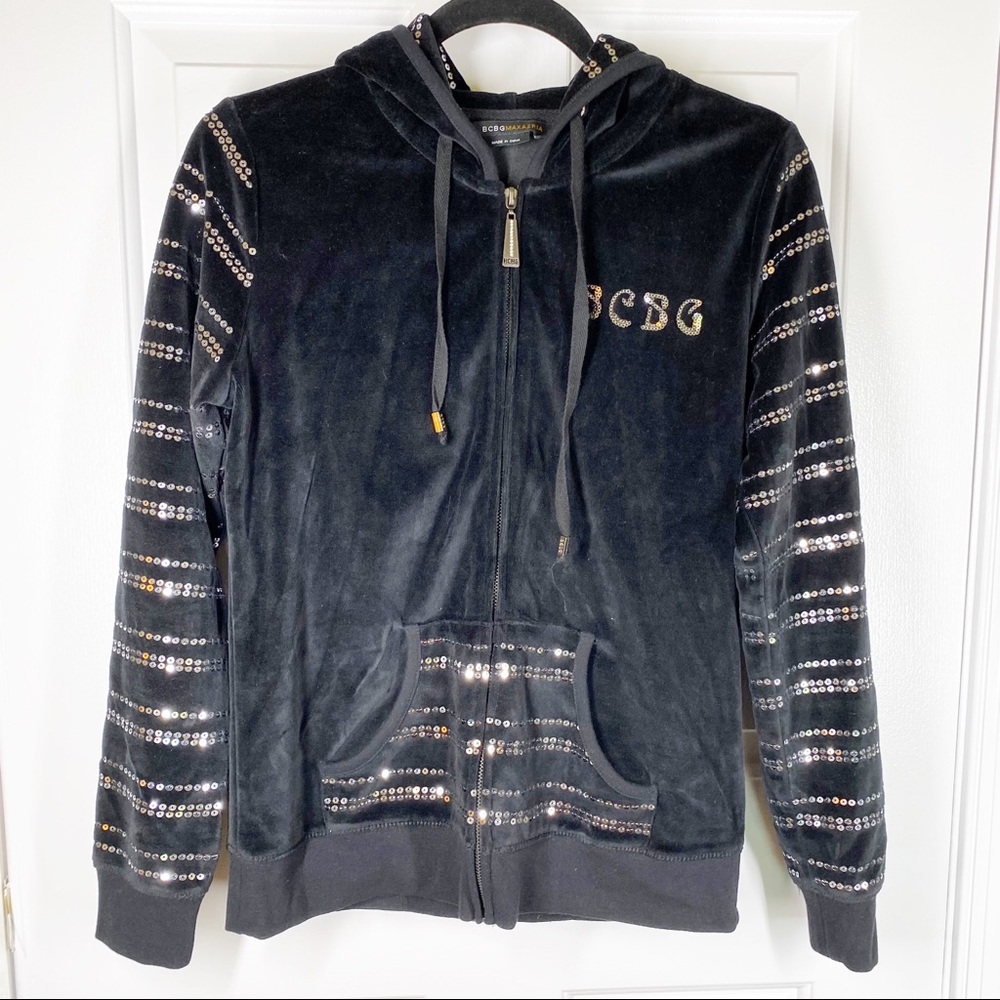 BCBG Y2K Velour Sequin Zip Front Sweatshirt Track Jacket